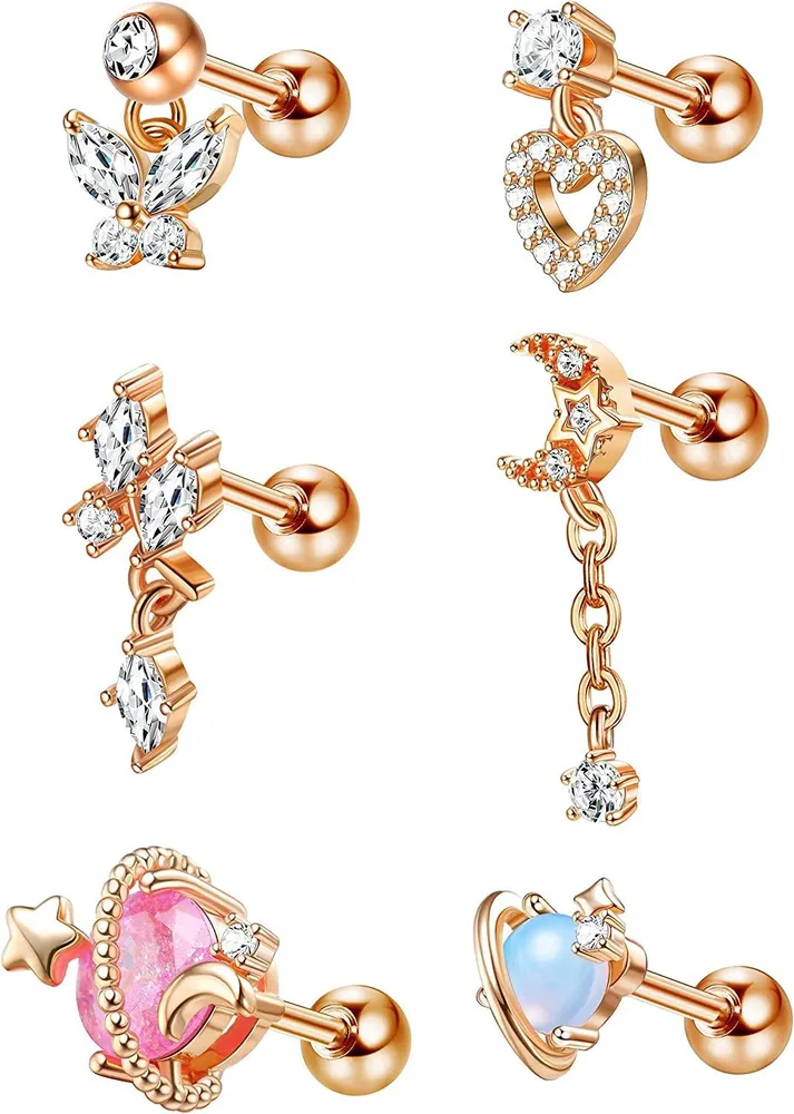 6Pcs 16G 316L Stainless Cartilage Earrings Dangle Helix Cartilage Tragus Earring Studs Moon Butterfly Heart Saturn Ear Piercing for Women Men - Grocery