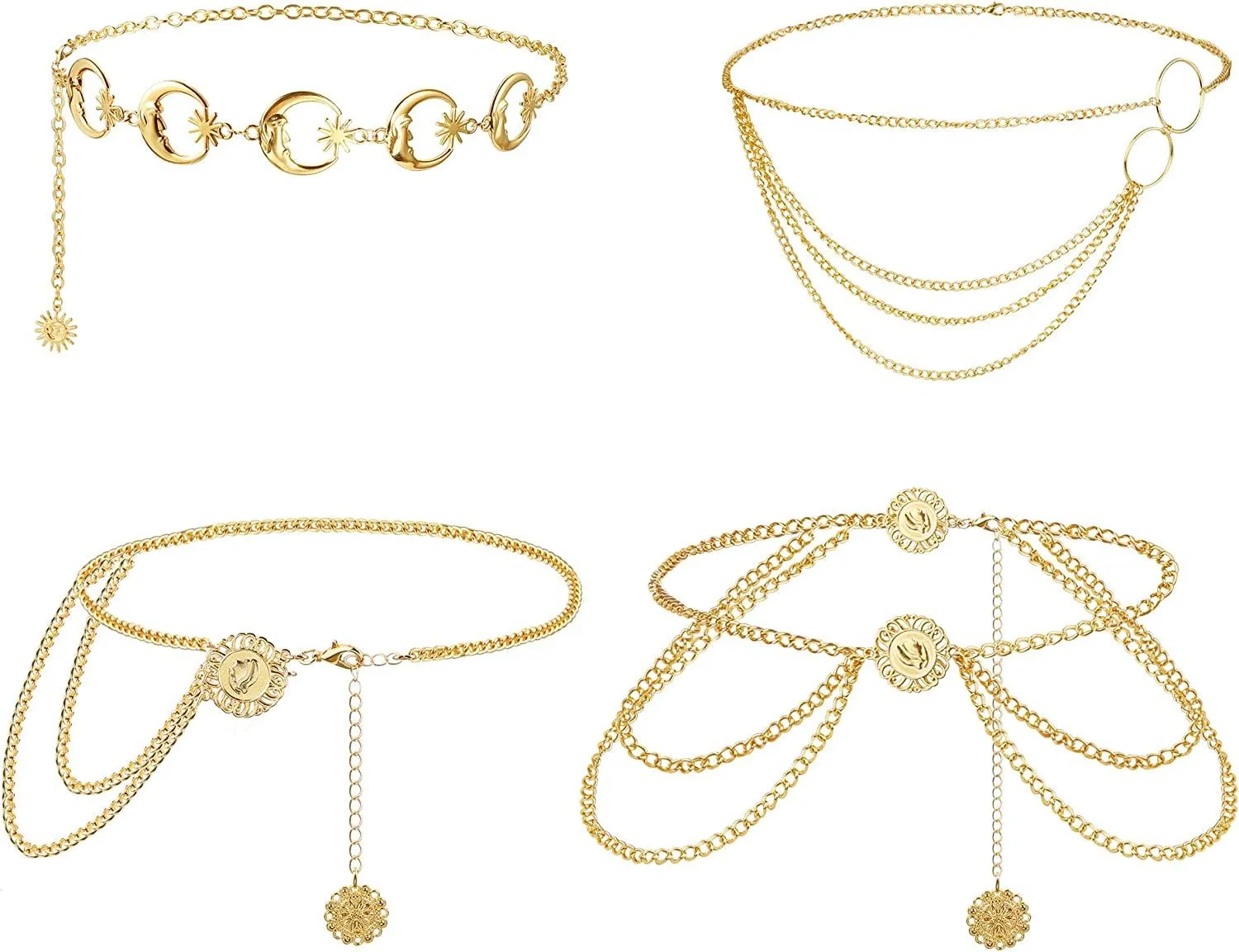 4Pcs Waist Chain for Women Multilayer Belly Metal Chains Moon Sun Coin Pendant for Beach Bikini Jeans Dress Sexy Body Chain Belts Adjustable - Grocery