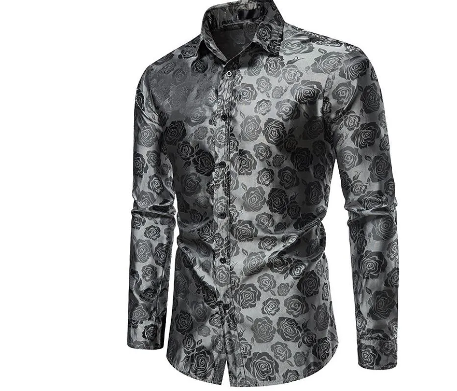 Men's Rose Printed Long Sleeve Dress Button Down Shirts - Grocery