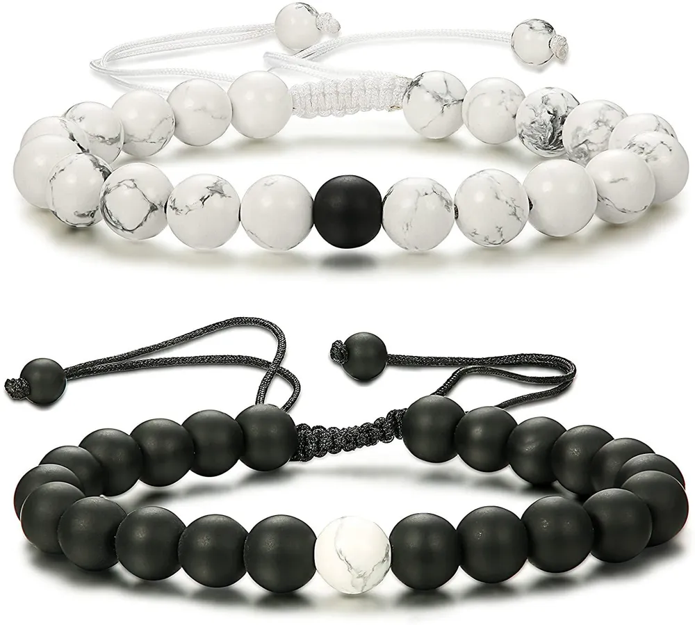 2 Pcs Distance Bracelets His and Hers Relationship Couple Bracelet Onyx/White Stone Braided Rope - Grocery