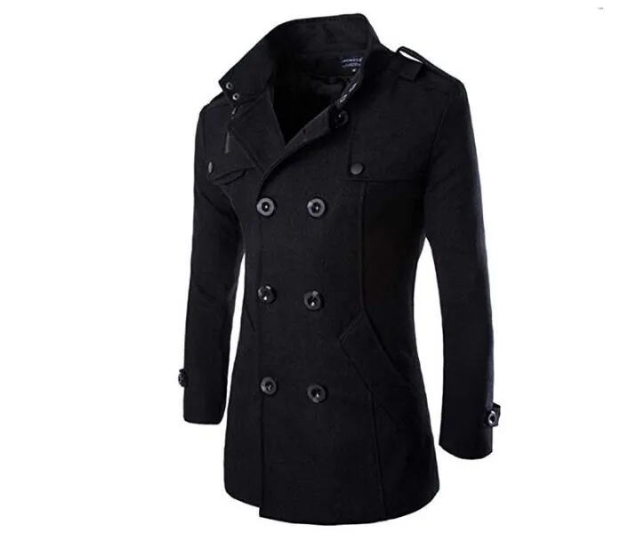 Men's Mid Long Wool Woolen Pea Coat Double Breasted Stand Collar Overcoat Winter Trench Coat - Grocery