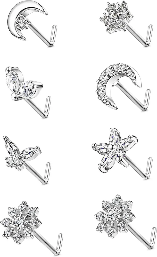 8 Pcs 20G Nose Studs for Women 316L Stainless Steel L Shaped Nose Rings Stud CZ Butterfly Flower Snowflake Moon Nose Ring Body Piercing Jewelry for Men - Grocery