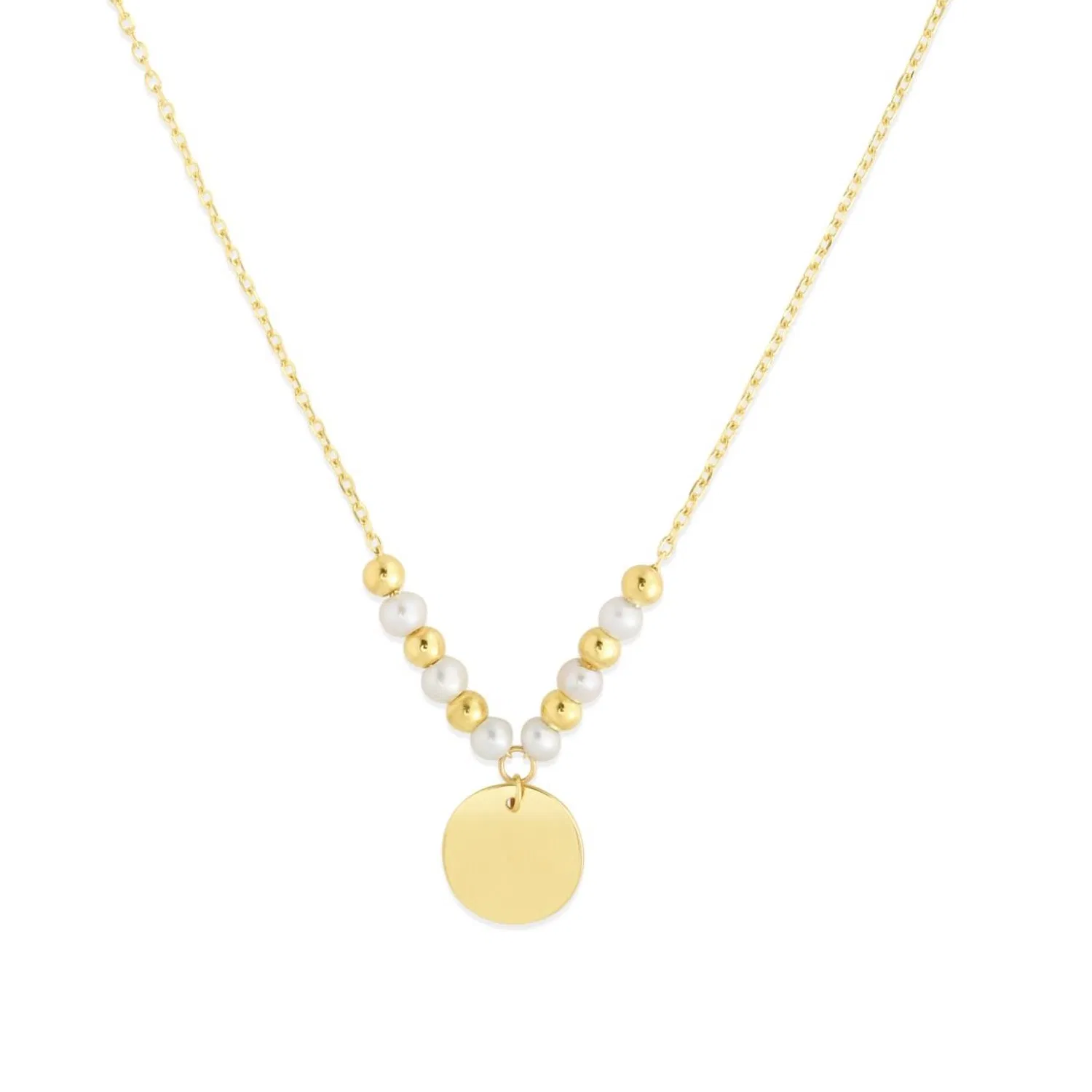 14k Yellow Gold High Polish Beaded Pearl Disc Drop Pallina Necklace - Grocery