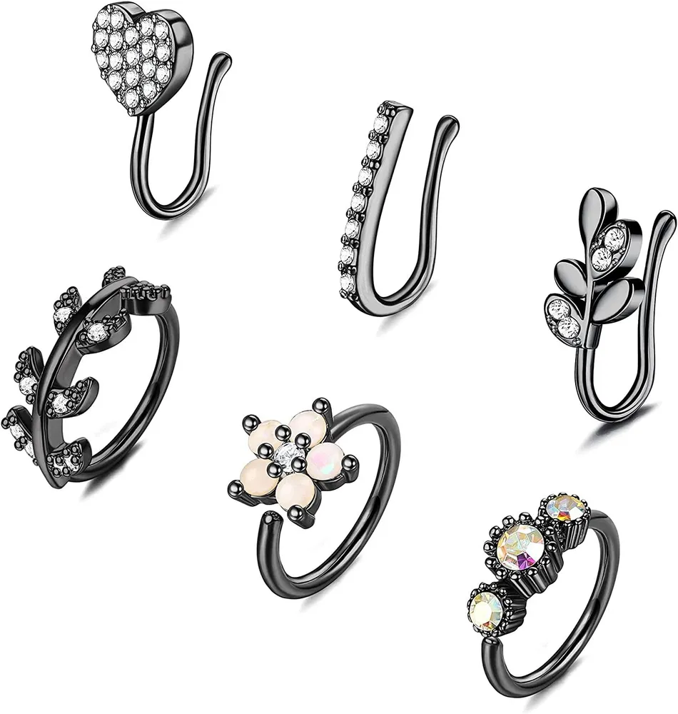 6Pcs Fake Nose Rings Hoop Stainless 20G CZ Faux Nose Clip On Nose Ring Non Piercing Fake Nose Ring for Women Men - Grocery