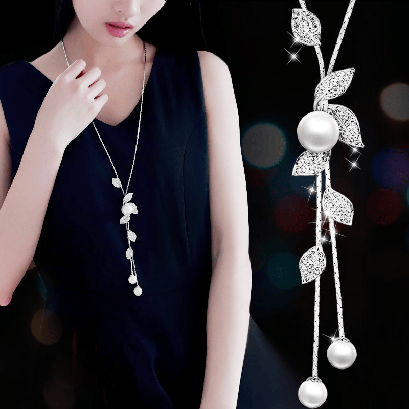 Y-Shaped Charm Necklace Leaf Shaped Rhinestones & Faux Pearls Pendant Dangle Long Necklace Adjustable Elegant Tassel Sweater Chain Jewelry - Grocery