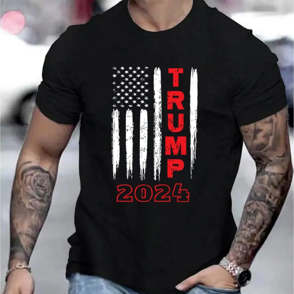 TRUMP 2024 Pattern Printed Men's Creative Top, Casual Short Sleeve Round Neck T-shirt, Summer Outdoor Men's Wear - Grocery