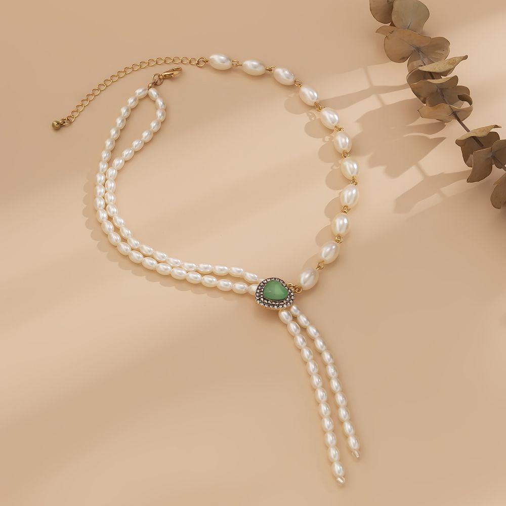 Temperament And Elegant Rhinestone Heart-shaped Tassel Pearl Necklace - Grocery