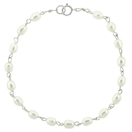Rice Genuine Oval Freshwater Cultured White Sterling Silver .925 Link Bracelet 7" inch - Grocery