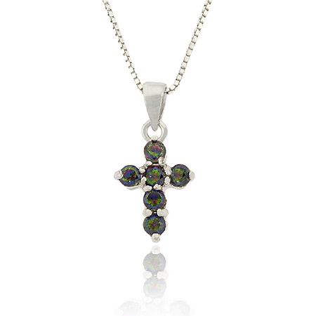 Sterling Silver .925 Simulated Mystic Topaz Stone Prong Small Cross Pendant - Grocery