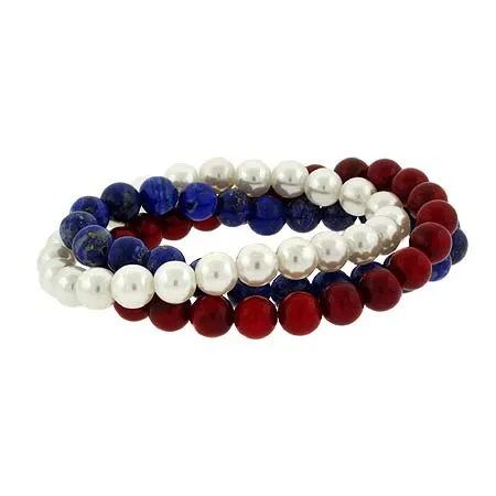 USA Pearl, Lapis, Coral Stone 8mm Bead Stretch Bracelet Set - Grocery