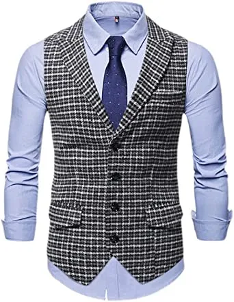 Mens Plaid Vests Single Row Four Buttons Slim Fit Peaked Lapel Clothes for Dinner, Party - Grocery