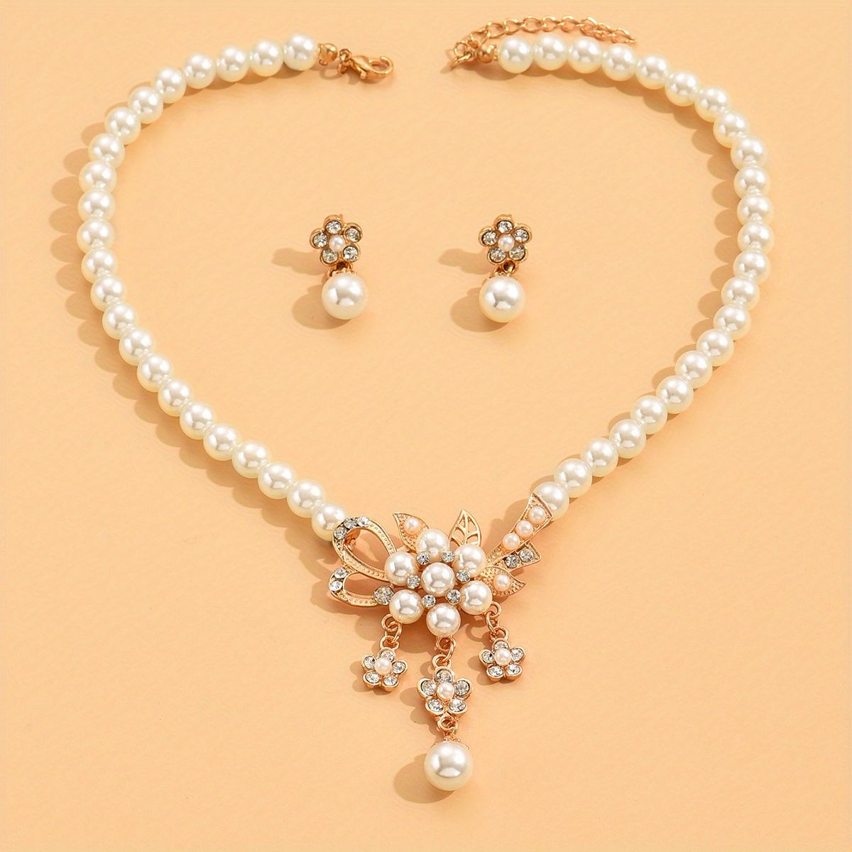 Faux Pearls Jewelry Set Flower Shape Pendant Necklace & Dangle Earrings Sweet Jewelry Set For Birthday / Party / Anniversary - Grocery