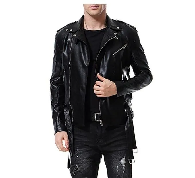 Men's Faux Leather Jacket Double Belt Punk Motorcycle Slim Fit - Grocery