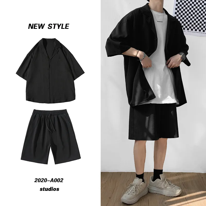 Korean Style Men's Set Suit Jacket and Shorts Solid Thin Short Sleeve Top Matching Bottoms Summer Fashion Oversized Clothing Man - Grocery