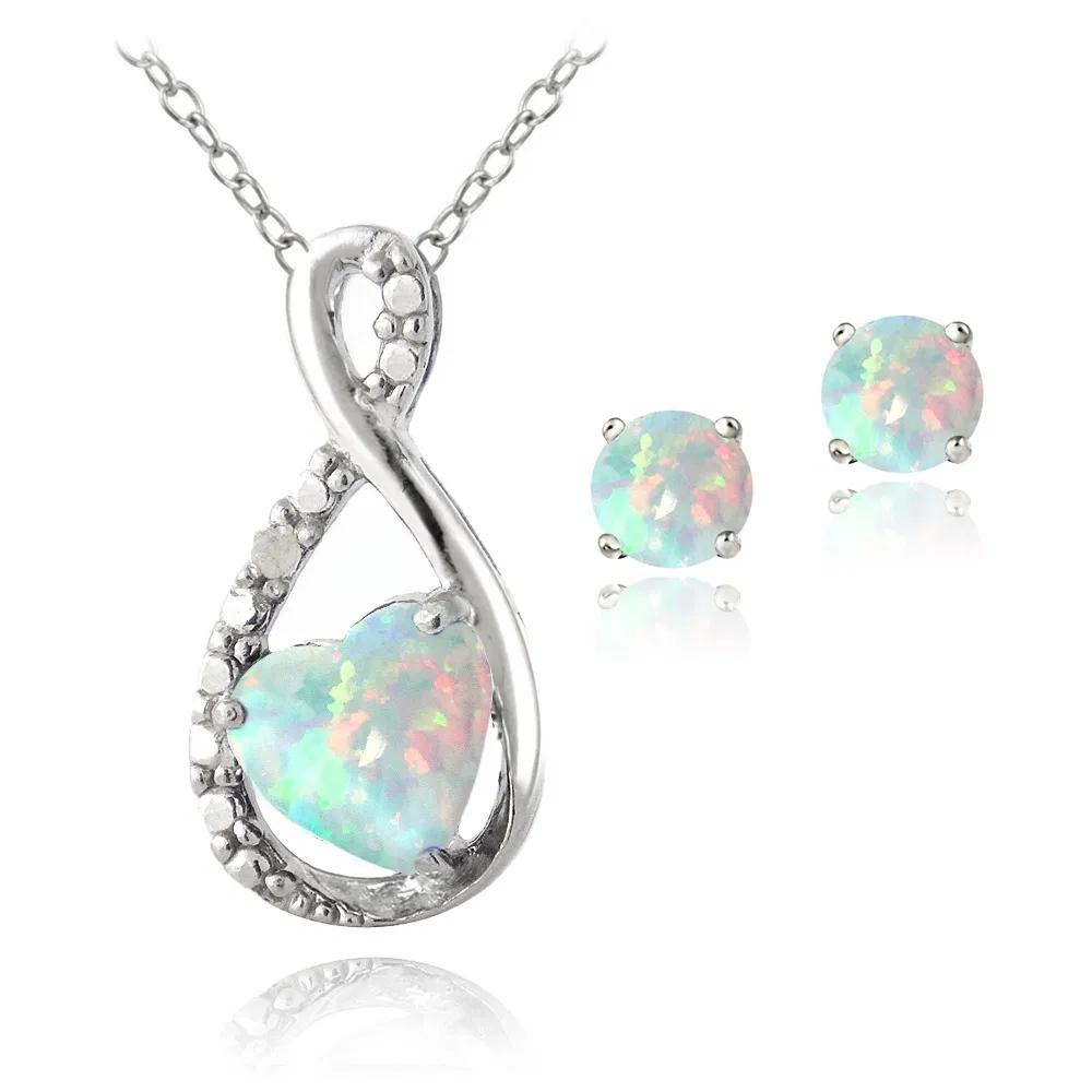 Sterling Silver Created Opal & Diamond Accent Infinity Heart Pendant and Stud Earrings Set - Grocery