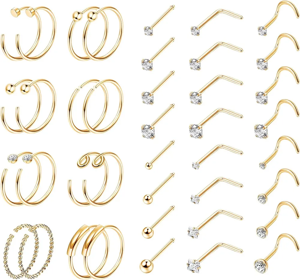 40Pcs 20G Stainless Nose Rings Hoop Bone Screw L Shaped Nose Studs CZ Tragus Cartilage Nose Ring Labret Nose Piercing for Men Women - Grocery