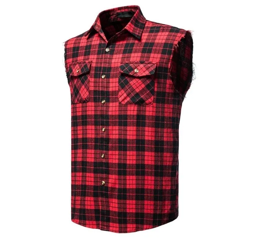 Mens Sleeveless Plaid Shirt Flannel Button Down Shirts - Grocery
