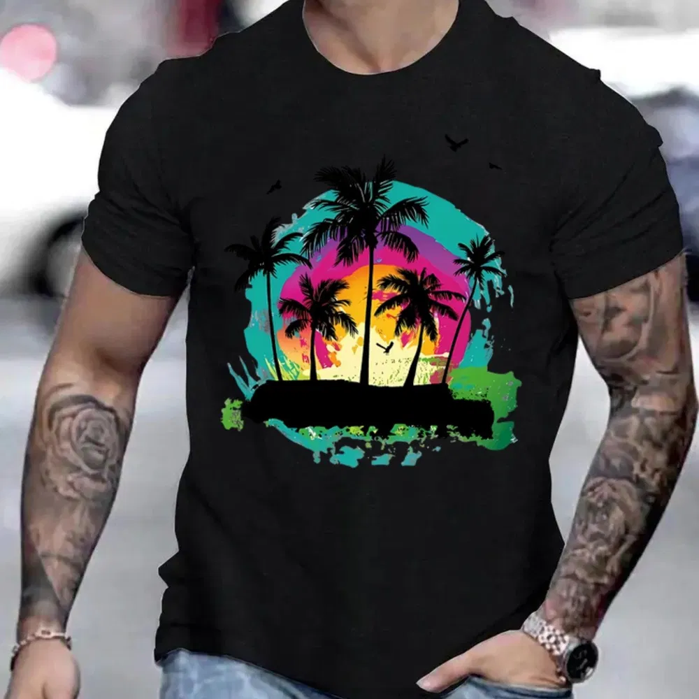 Tropical Pattern Printed T-shirt, Men's T-shirt, Summer Casual Short Sleeved T-shirt - Grocery