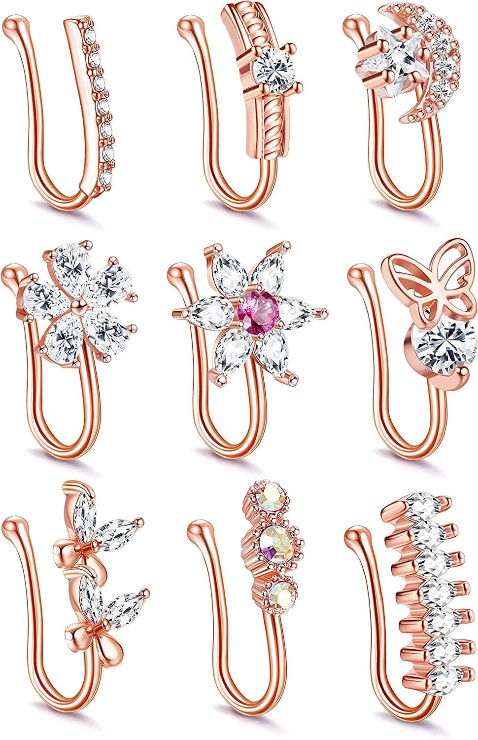 9Pcs Nose Cuff Fake Nose Ring Clip on Nose Ring Inlaid CZ Faux Nose Rings Cartilage Tragus Ring Nose Cuff Non Piercing for Women Men - Grocery