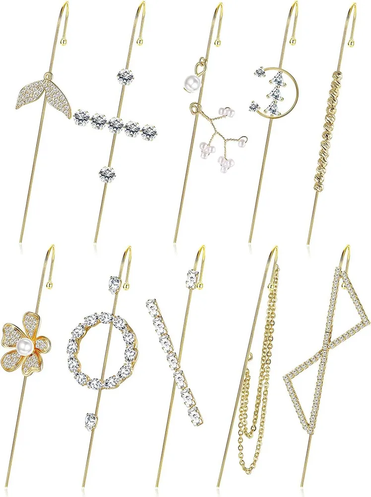 10pcs Ear Wrap Crawler Hook Earrings Pearl Rhinestone Cubic Zirconia Ear Cuffs Climber Piercing Earrings Ear For Women - Grocery