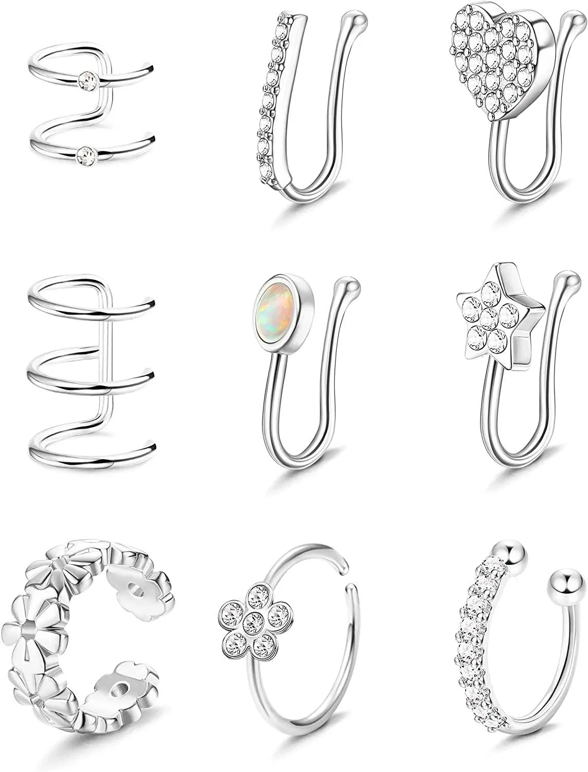 9Pcs Fake Nose Rings Non Piercing Nose Cuff Clip On Nose Ring Faux Nose Nostril Piercing Ear Cuff Lip Ring for Women - Grocery