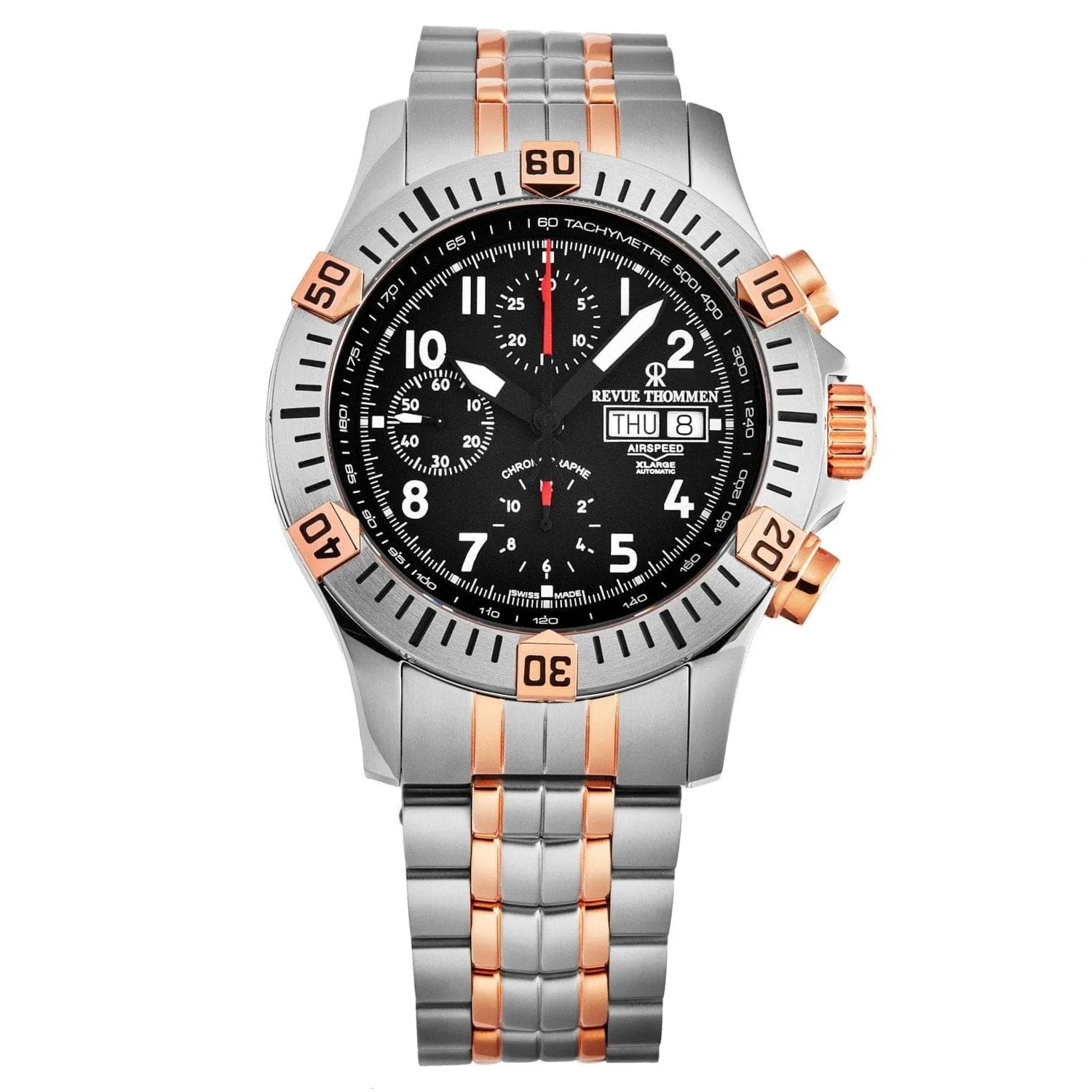 Revue Thommen 16071.6154 Men's 'Air speed' Black Dial Chronograph Day-Date Two-Tone Swiss Automatic Watch - Grocery