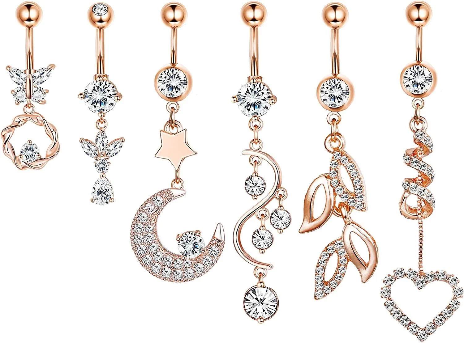 6Pcs 14G Stainless Dangle Belly Button Rings for Women Heart Sun Moon Butterfly Leaf Tassel CZ Navel Body Piercing Jewelry - Grocery