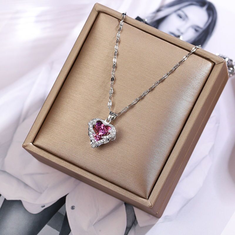 Luxury Colorful Crystal Ocean Heart Pendant Necklace For Women Korean Fashion Stainless Steel Neck Chain Female Wedding Jewelry - Grocery
