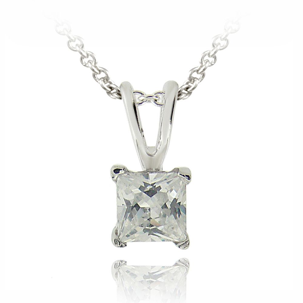 Silver Tone CZ Square Solitaire Necklace, 4mm - Grocery