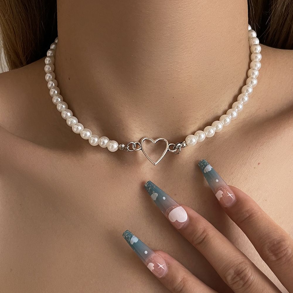 Handmade Beaded Romantic Imitation Pearl Heart Necklace For Women Delicate Jewelry Gift - Grocery