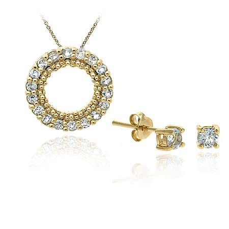 18K Gold/ Sterling Silver Blue Topaz Pendant Earring Set - Grocery