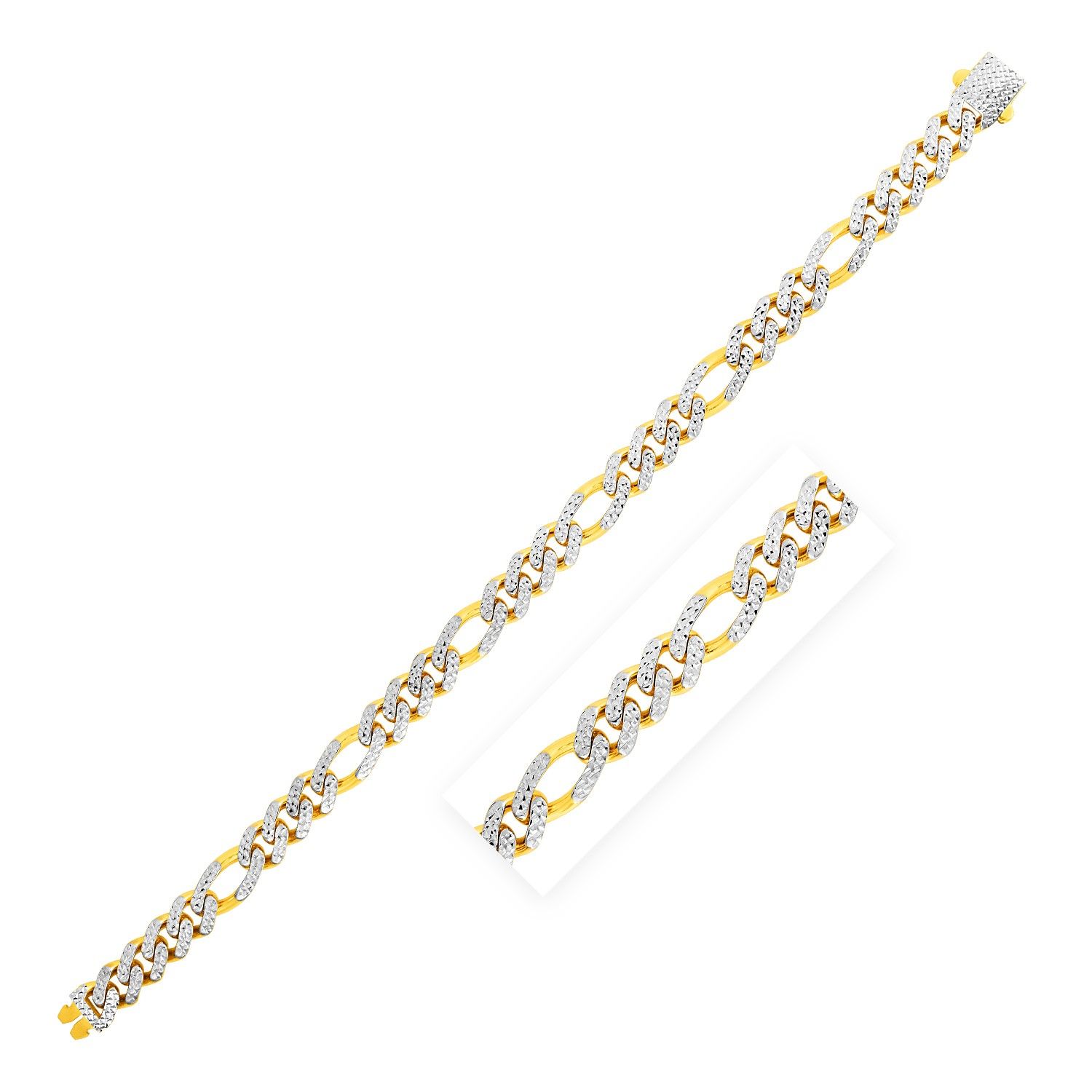 14k Yellow Gold White Pave High Polish Modern Lite Figaro Bracelet (8.0mm) - Grocery