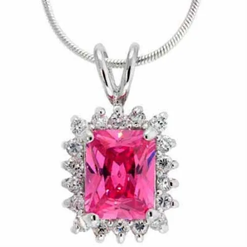 Sterling Slver Created Pink Sapphire and Simulated Diamond CZ Rectangle Pendant - Grocery