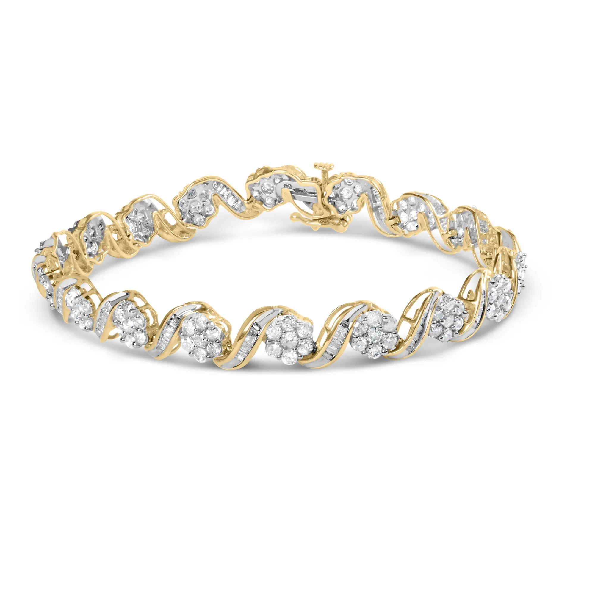 10k Yellow Gold 5.00 Cttw Round-Cut and Baguette-Cut Diamond Floral Link 7.25