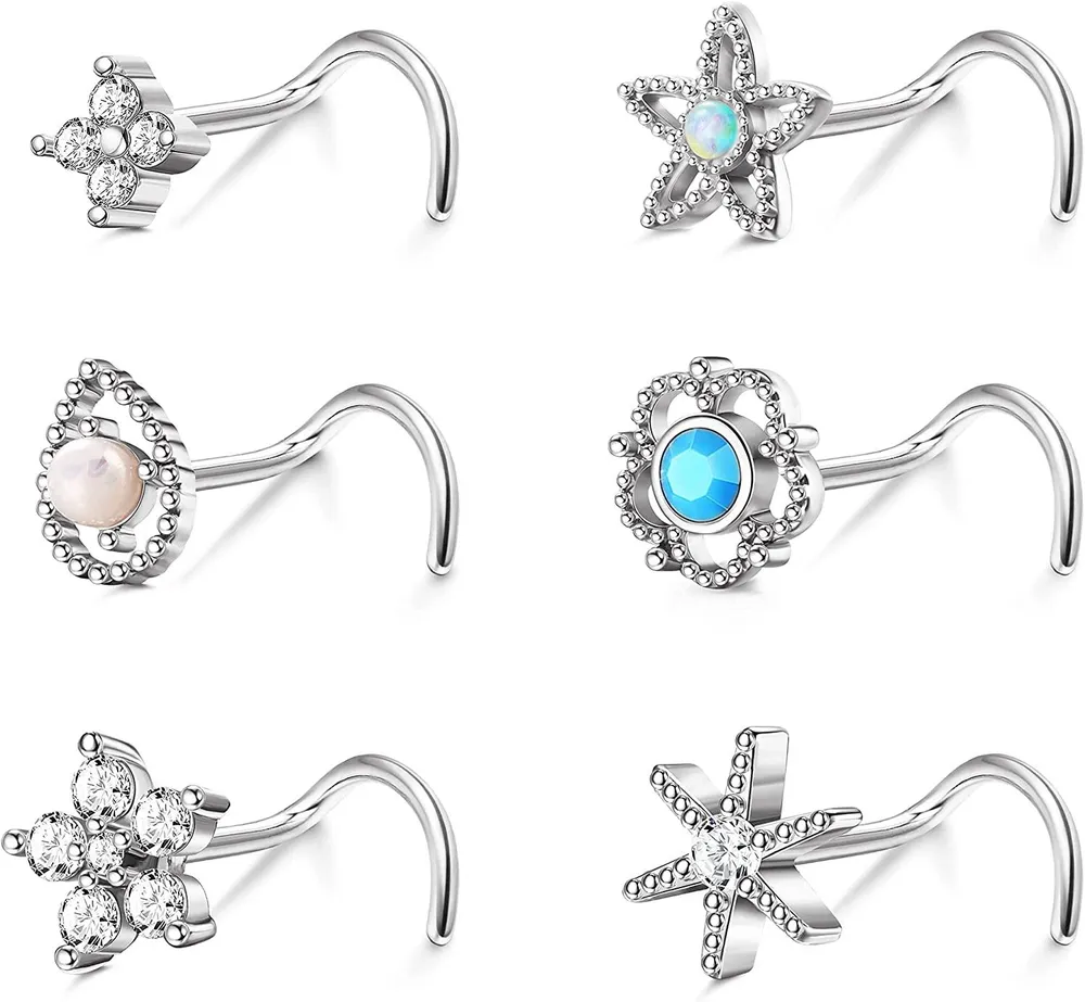 6PCs 20G Surgical Nose Rings for Women Men Stud Opal Turquoise 5A CZ Nose Rings L-Shaped Screw Post Nose Stud Star Flower Nose Piercing Jewelry - Grocery