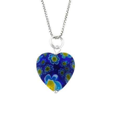 Murano Glass Sterling Silver Bead Dark Blue Millefiori Flower Heart Pendant - Grocery