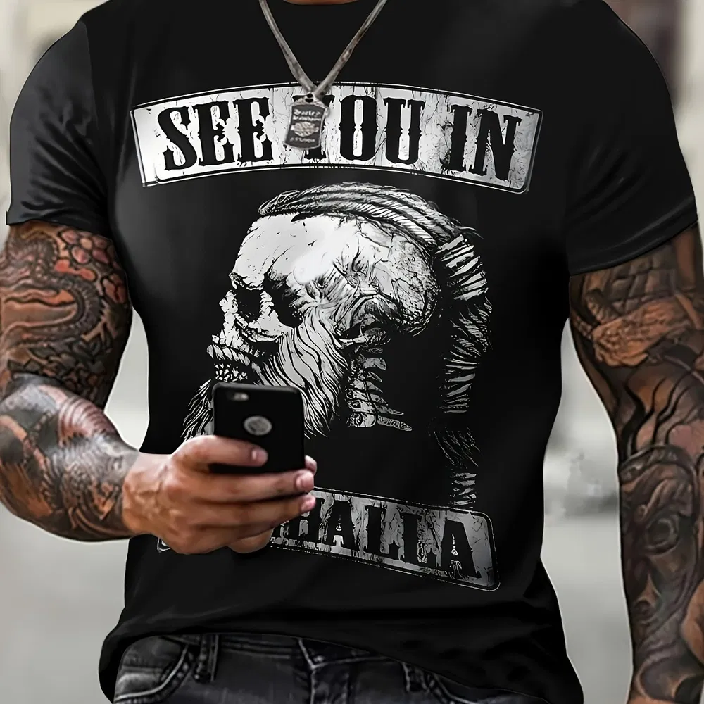 Skull And Alphanumeric Print Men's Cool Short Sleeved Round Neck T-shirt, Summer Outdoor - Grocery