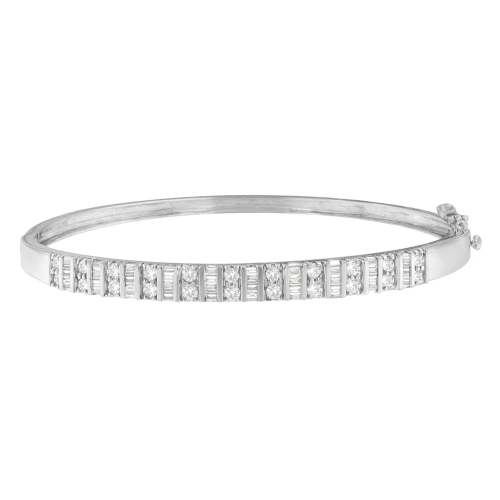 14K White Gold Baguette and Round-Cut Diamonds Bangle (1.20 cttw, H-I Color, I1-I2 Clarity) - Grocery