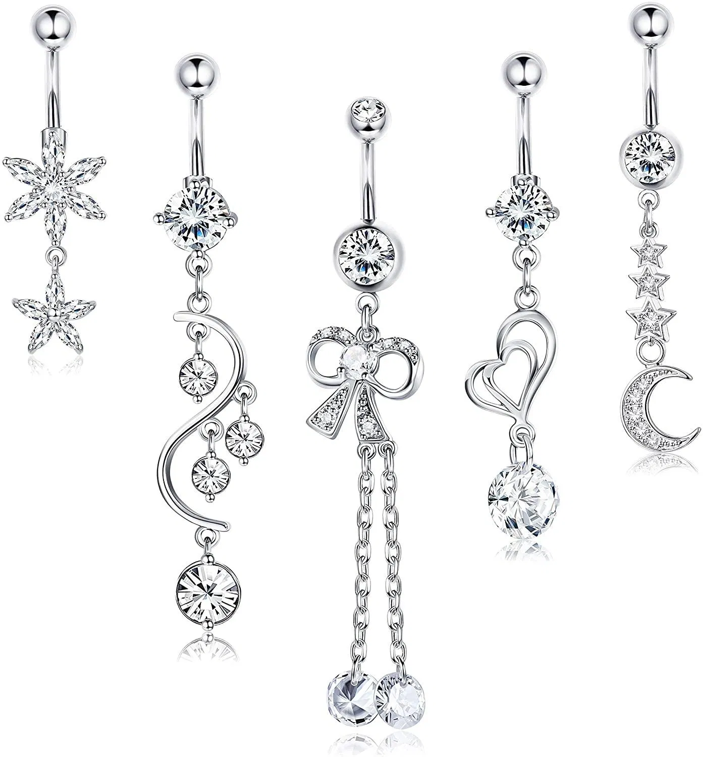 5Pcs Belly Button Rings 14G Surgical Steel Belly Button Rings CZ Silver Belly Piercing Dangle Belly Button Rings - Grocery