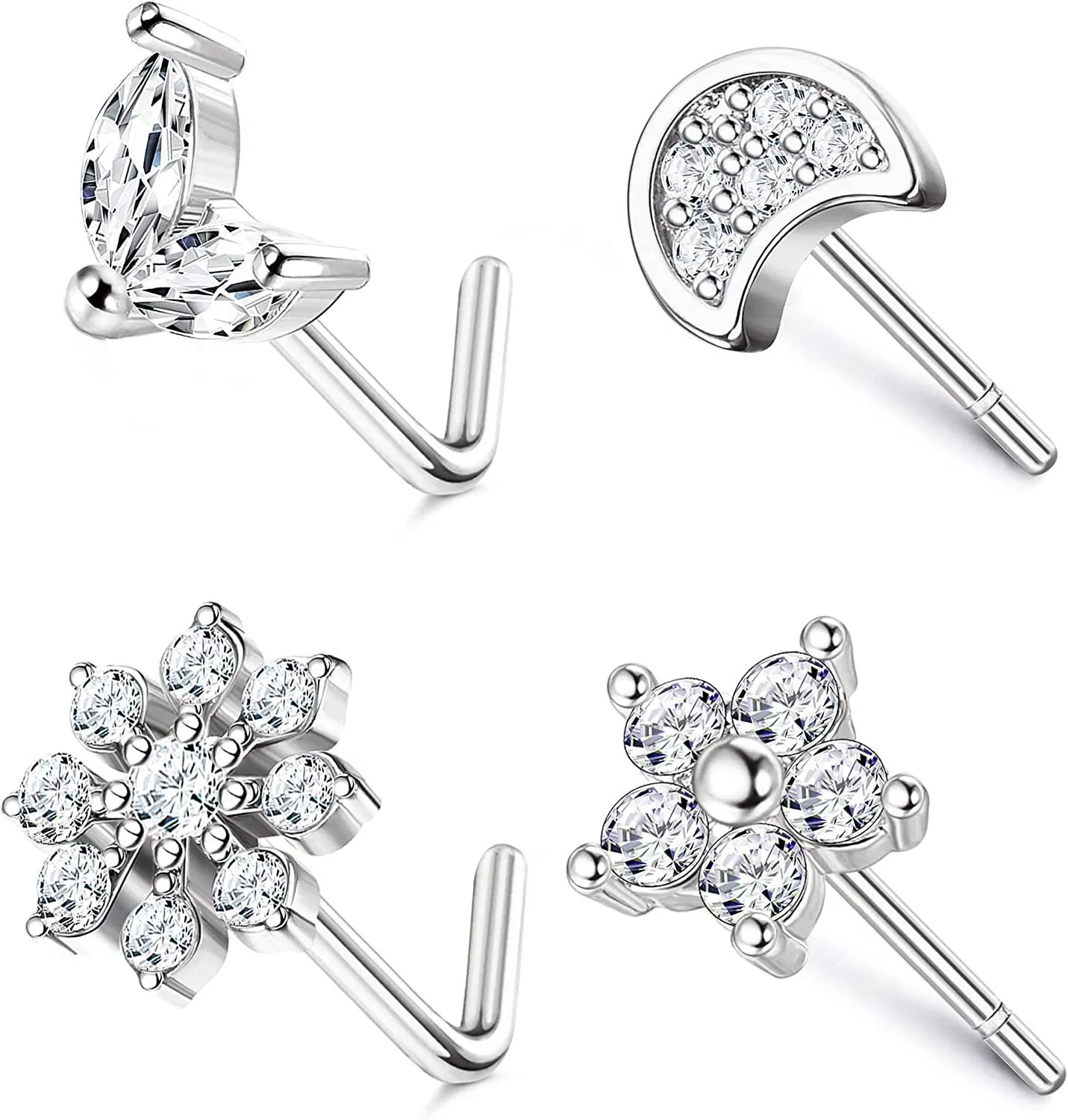4Pc 925 Sterling Silver Nose Studs Women Men 20G L Shape Nose Rings CZ Moon Star Flower Butterfly Screw Nose Piercing Jewelry - Grocery