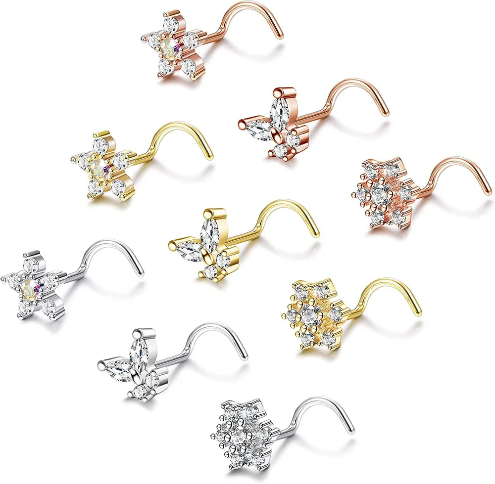 20G Nose Rings Stud L Shaped Nose Rings Screw Nose Rings 316L Surgical CZ Nose Studs Snowflake Butterfly Flower Nose Rings Nose Piercing 9Pcs - Grocery
