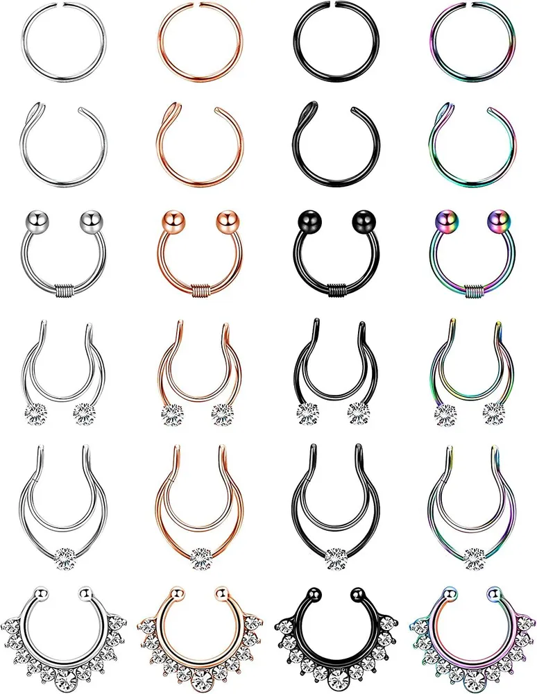 24Pcs Fake Nose Rings Hoop Stainless Steel Faux Lip Ear Nose Rings Non-Pierced Clip On Nose Rings for Women Men Faux Nose Ring Piercing Jewelry - Grocery