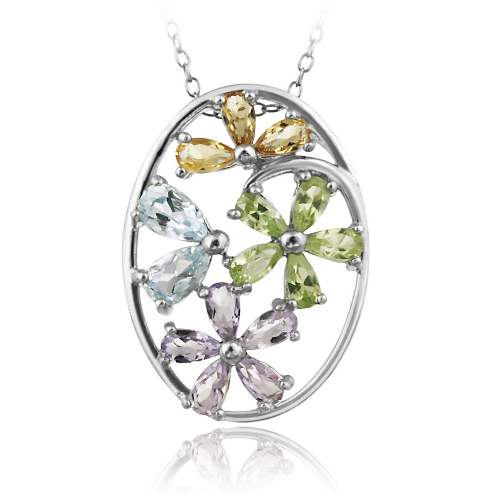 Sterling Silver Multi Gemstone Oval Flower Pendant - Grocery