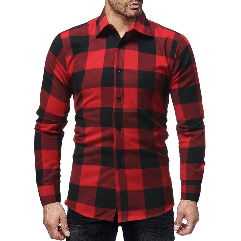 Plaid Flannel Long Sleeve Button Down Casual Shirt - Grocery