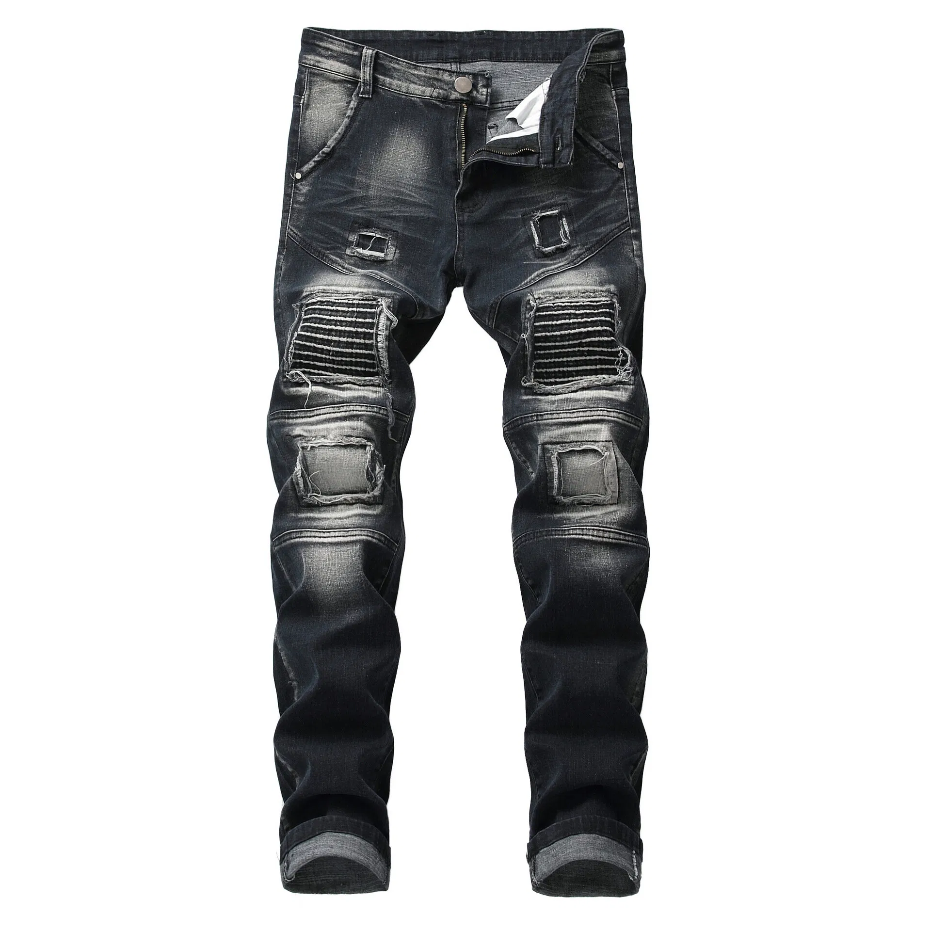 Men Jeans Ripped Slim Straight Fit Biker Jeans With Zipper Deco - Grocery