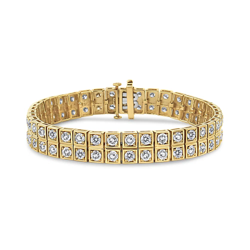 14K Yellow Gold 8.00 Cttw Prong Set Round-Cut Diamond Art Deco Style Two Row Square Frame Link Tennis Bracelet (J-K Color, I1-I2 Clarity) - Size 7.25