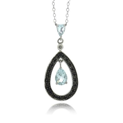 Sterling Silver Blue Topaz & Black Diamond Accent Dangling Teardrop Necklace - Grocery