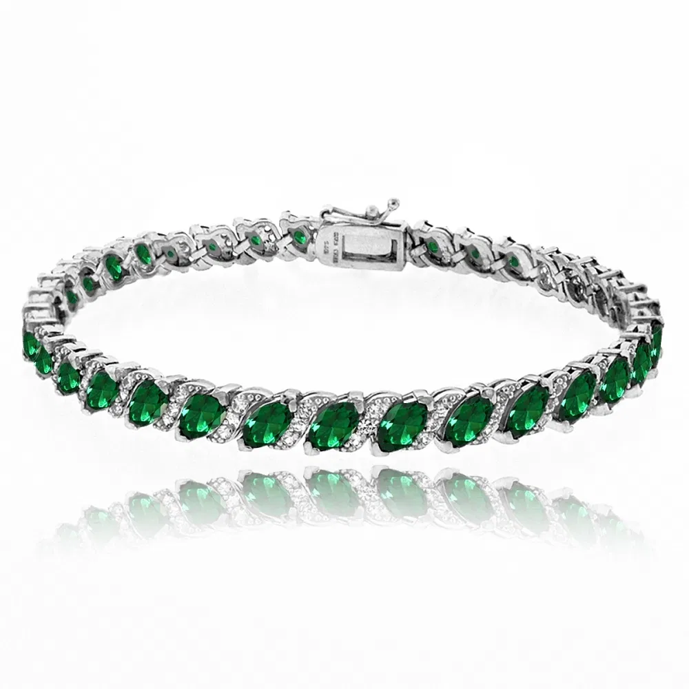 Simulated Emerald Tennis Bracelet with White Topaz Accents in Sterling Silver - Grocery