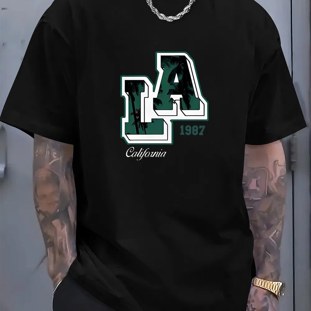 LA Printed T-shirt, Men's T-shirt, Summe Casual Short Sleeved T-shirt - Grocery
