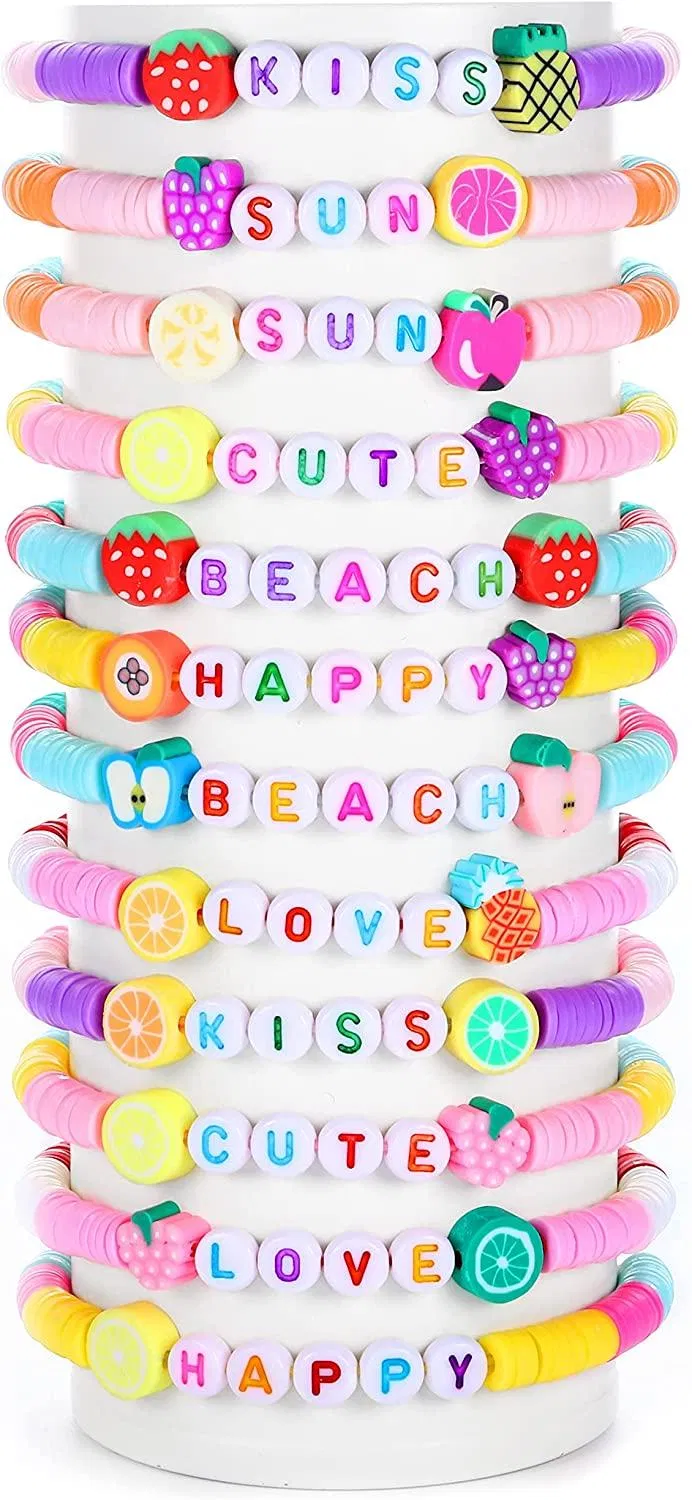 12 Pcs Evil Eye Mexican Bracelets for Women Adjustable Cute Letter Beaded Heishi Bracelet Handmade Colorful Ojo Evil Eye Bracelet Set - Grocery